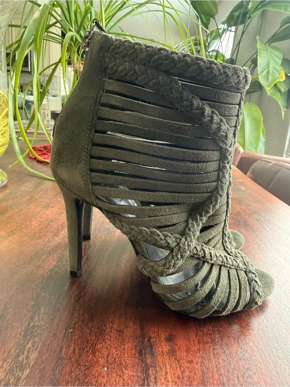 Schutz Olive Green Braided Strappy High Heel Sandals